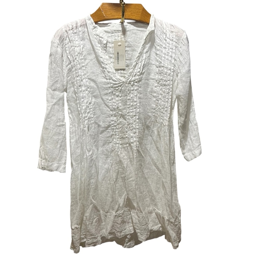 CP SHADES ~ Regina Tunic in White Linen Twill with Pintuck Pleating - Picture 4 of 12